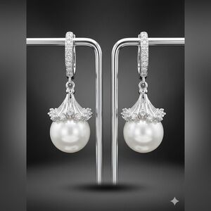 NEW White Gold Plated Royal Crown Pearl Huggie Drop Earrings - Bridal / Luxe